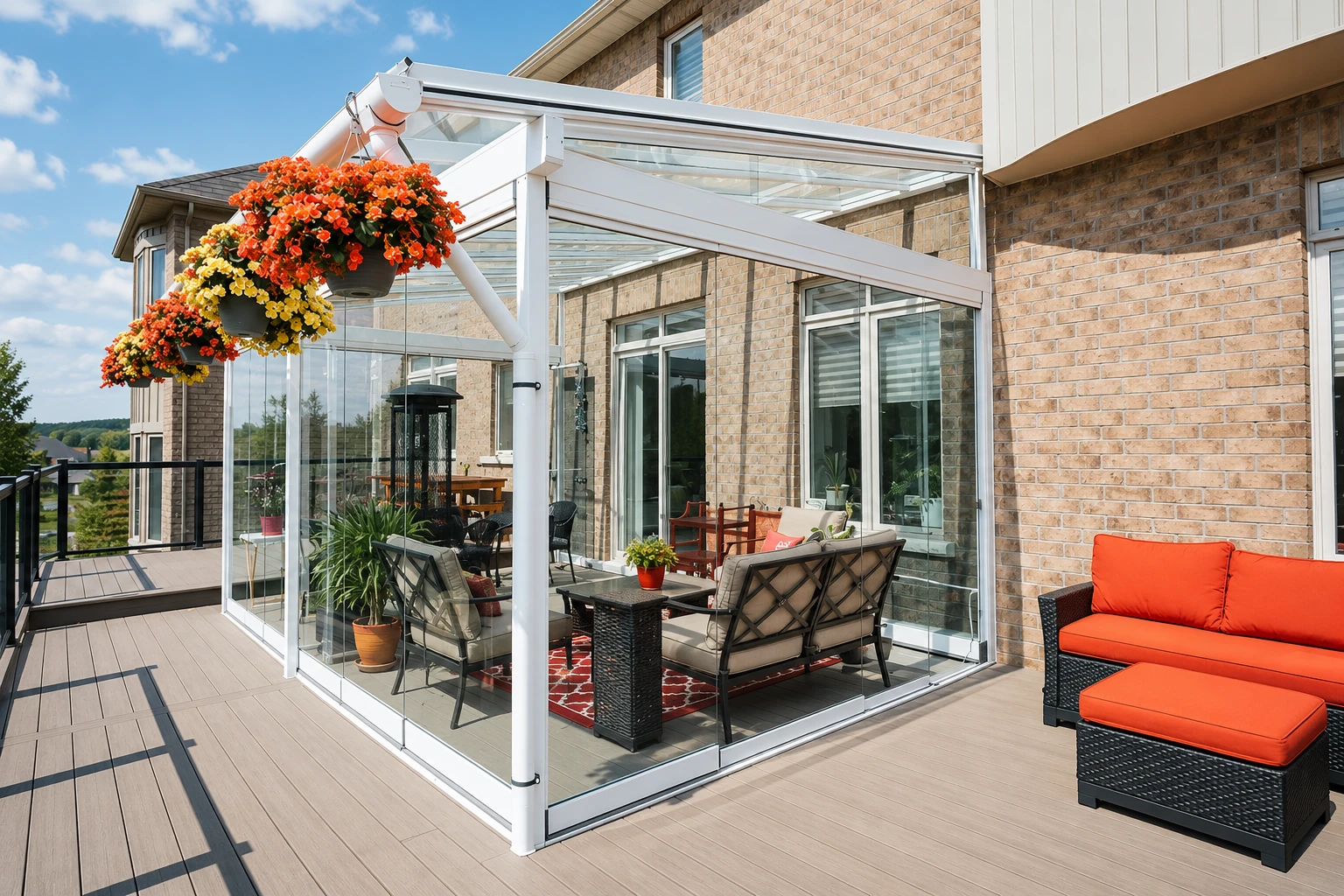 Custom glass sunroom on a raised deck, with a clear roof, white framing, hanging flower baskets, and outdoor seating.