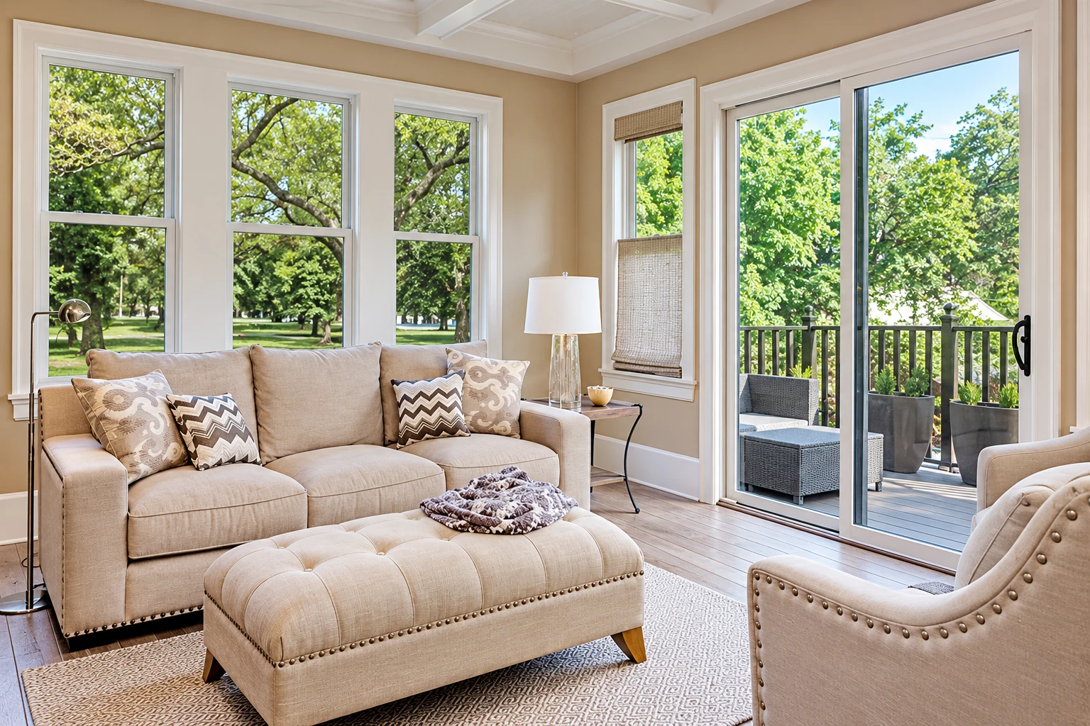 Bright sunroom with beige seating, large white-trimmed windows, and sliding glass doors opening onto a deck.