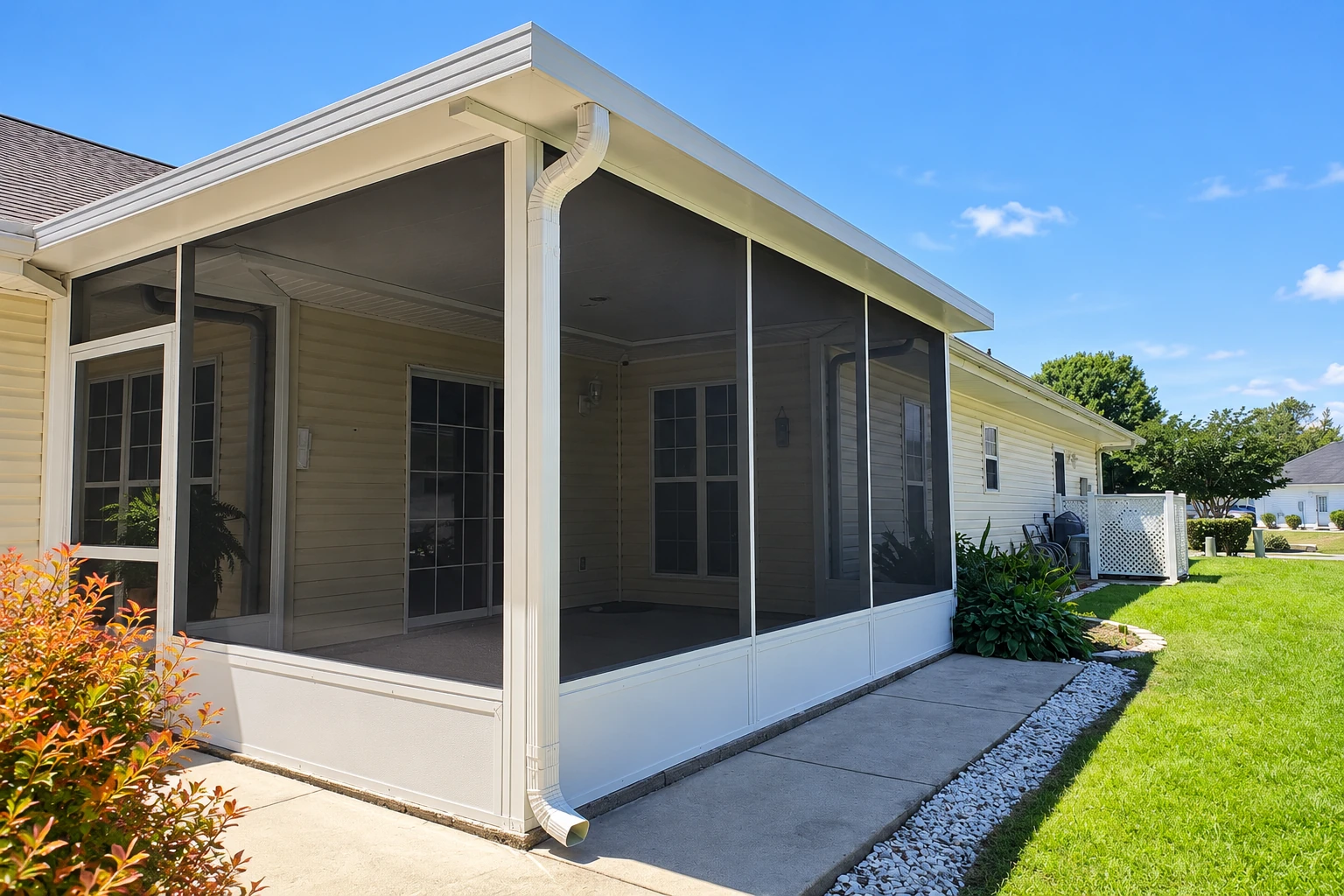 Screened patio enclosure attached to a light-colored house, with a sloped roof, dark screens, and a concrete walkway.