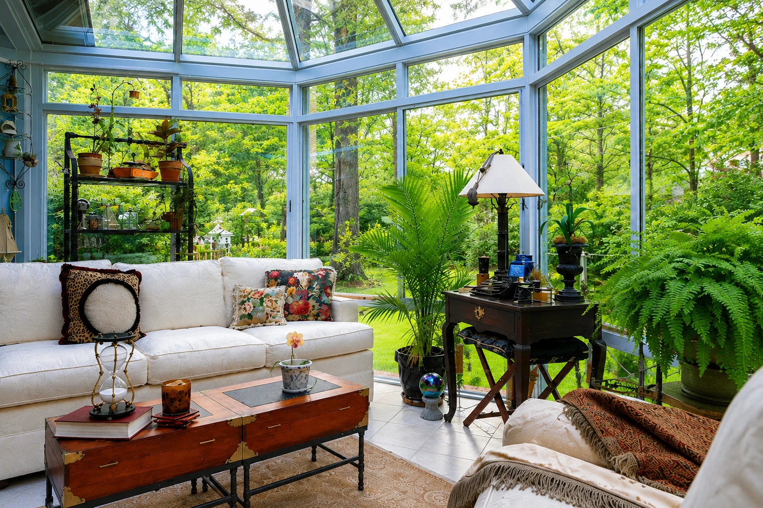 Four-season sunroom with a glass roof and walls, white sofas, potted plants and a view of trees.
