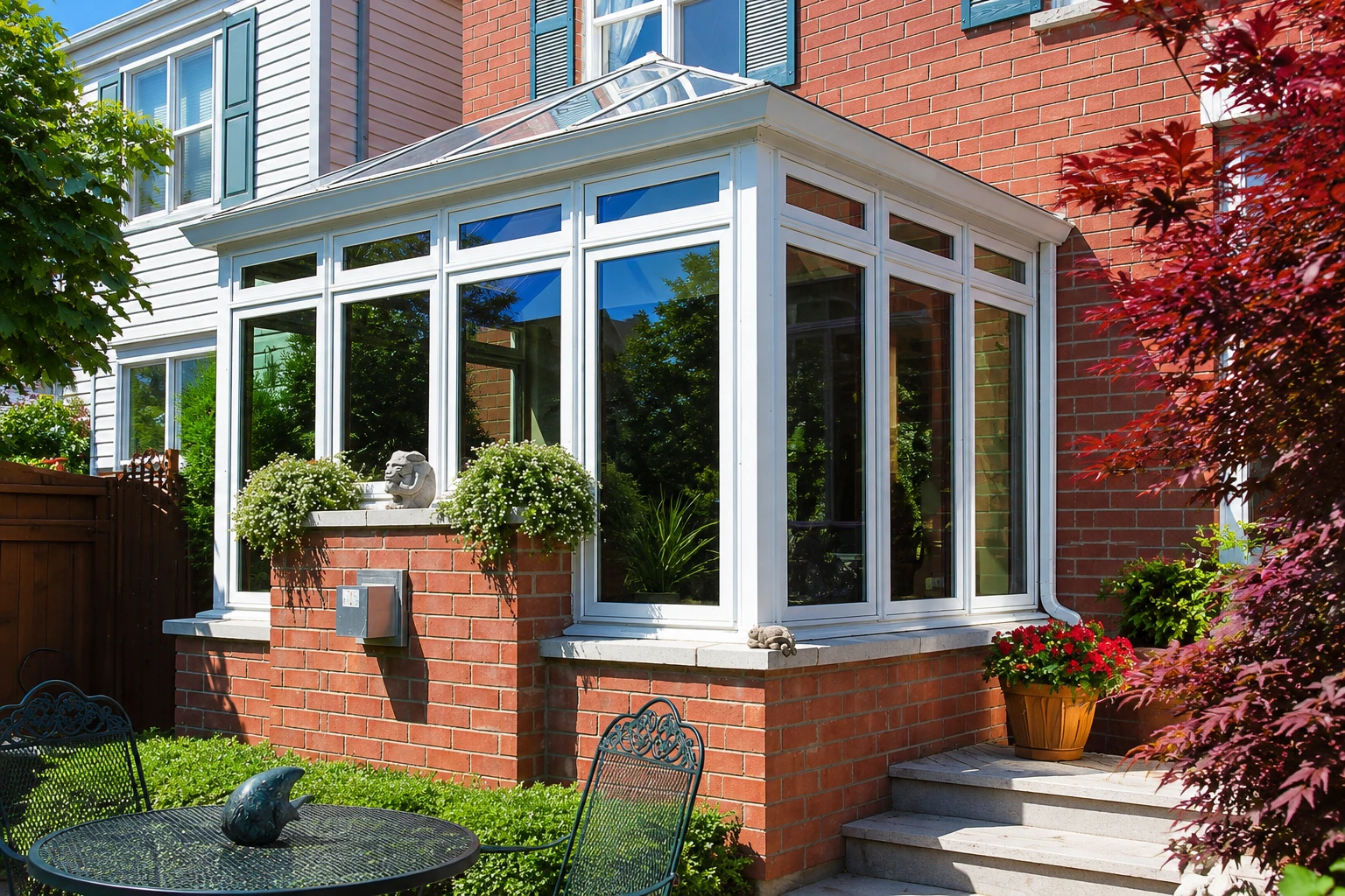 White-framed sunroom with tall windows and a glass roof, built onto a red brick house beside garden steps.