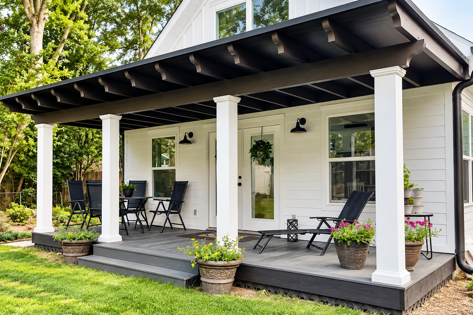 Covered patio with a dark roof, white columns, gray decking, and outdoor chairs beside a house.