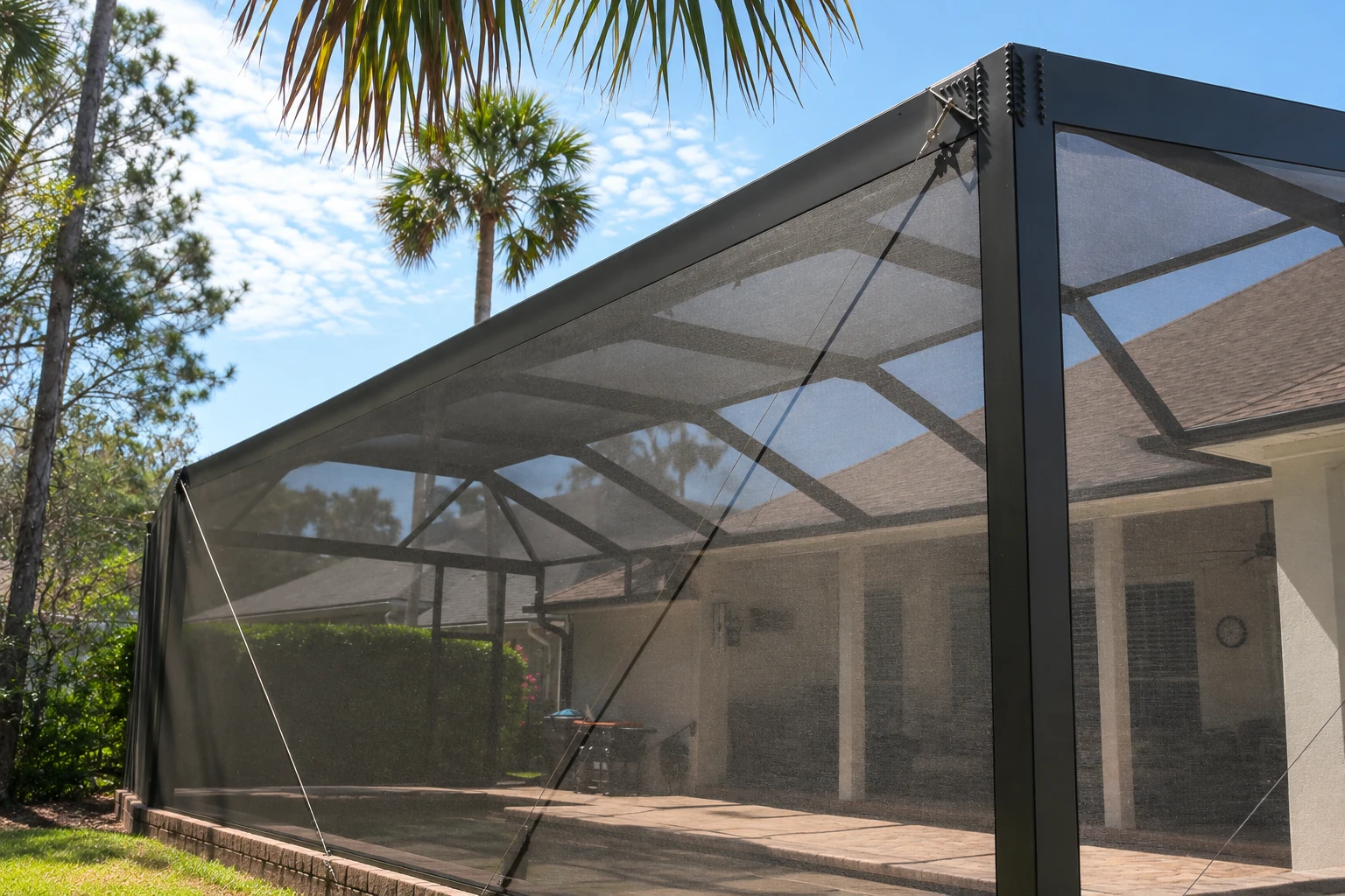 Patio enclosure with dark metal framing and mesh screens beside a house, with a brick floor and palm trees nearby.