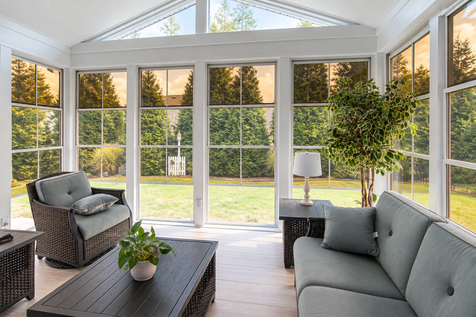 A bright sunroom has white-framed windows, gray seating, a dark coffee table and a potted tree.