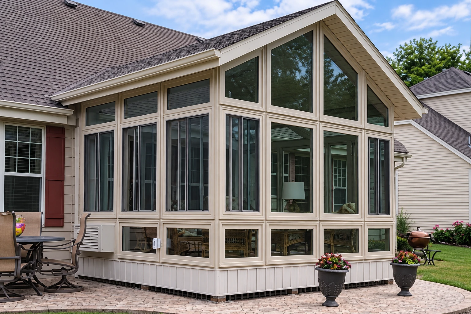A large patio-to-sunroom conversion with cream framing, tall windows and a peaked roof beside a paved patio.