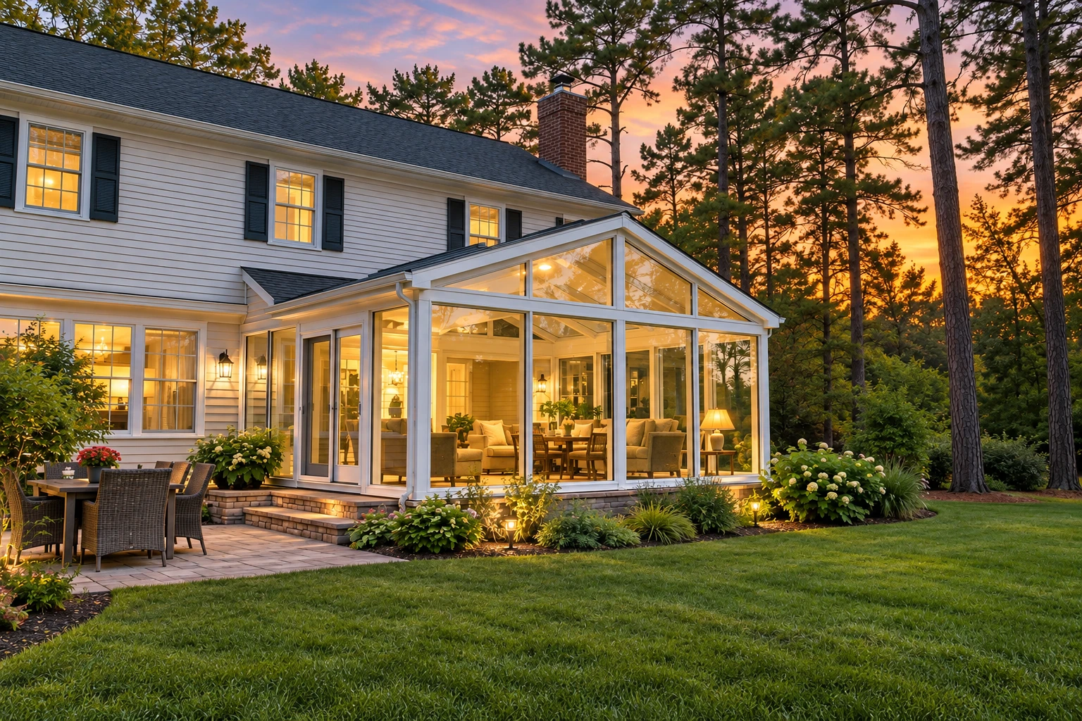 Glass solarium addition with a peaked roof glows at sunset beside a white house and landscaped lawn.