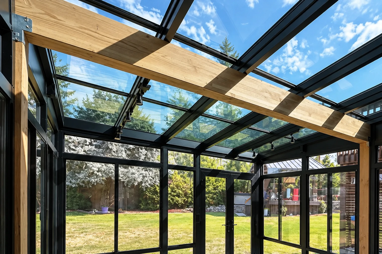 Interior of a solarium with black-framed glass walls and roof panels, exposed wooden beams, and views of a green yard.