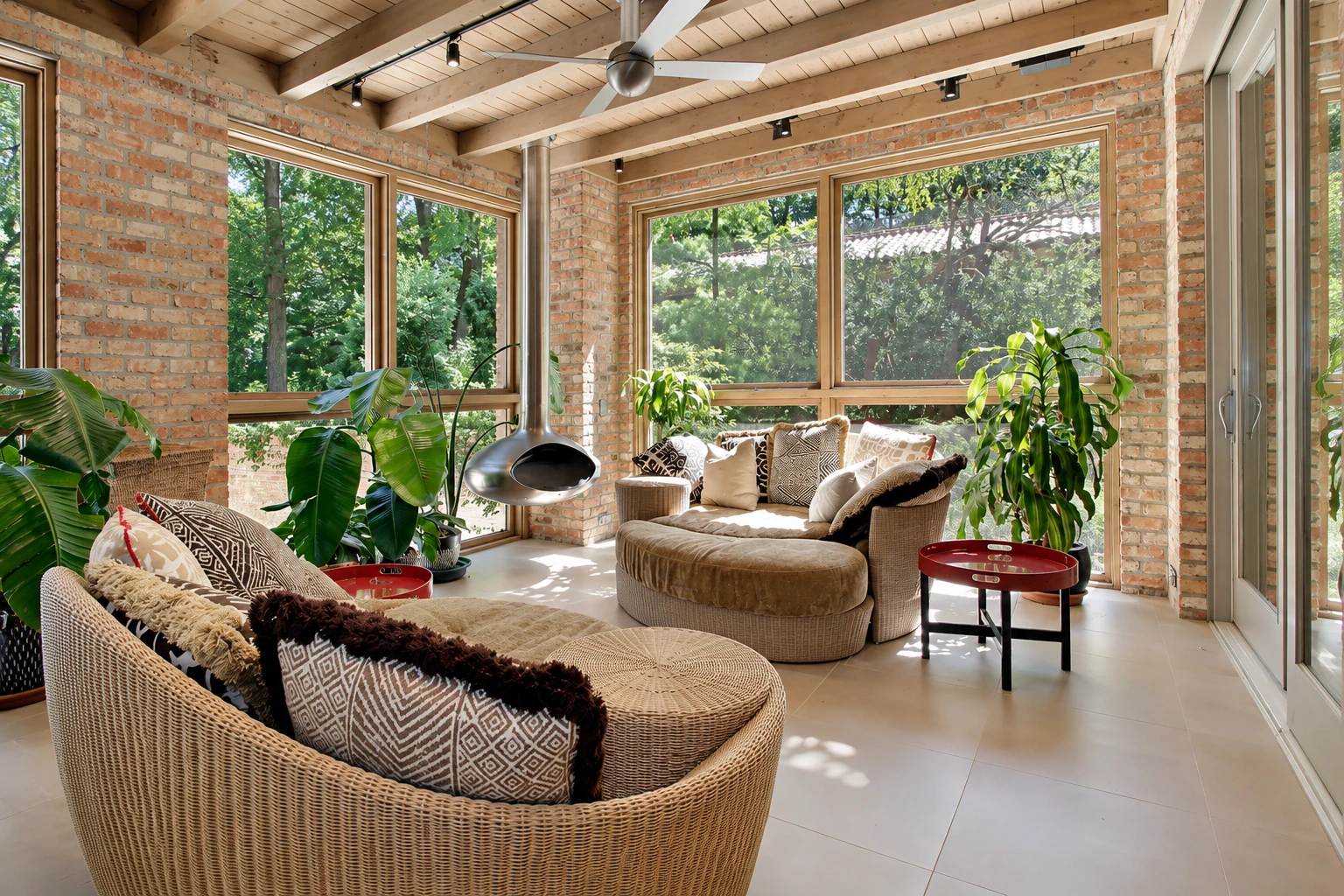 Sunroom addition with exposed brick walls, timber ceiling beams, large windows, wicker seating and leafy plants.