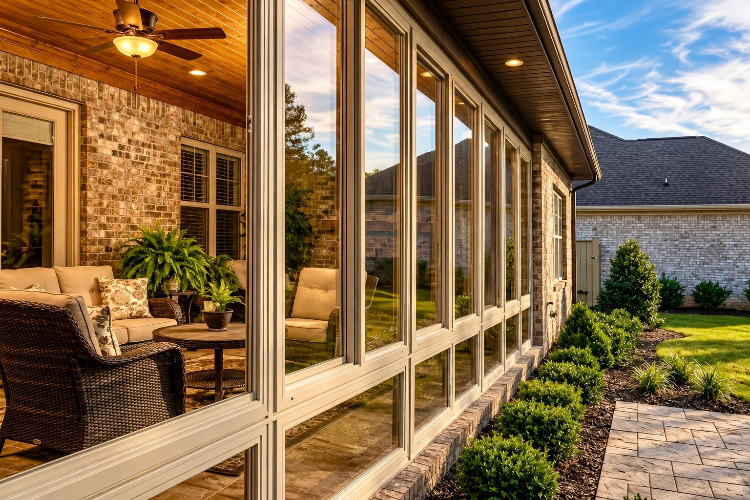 Sunroom addition with floor-to-ceiling windows beside a brick house and landscaped garden.