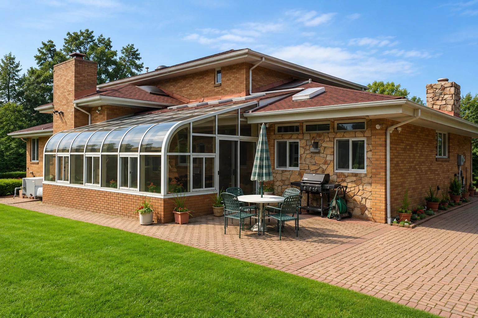 A glass sunroom with a curved roof adjoins a brick house, beside a paved patio with outdoor dining furniture.