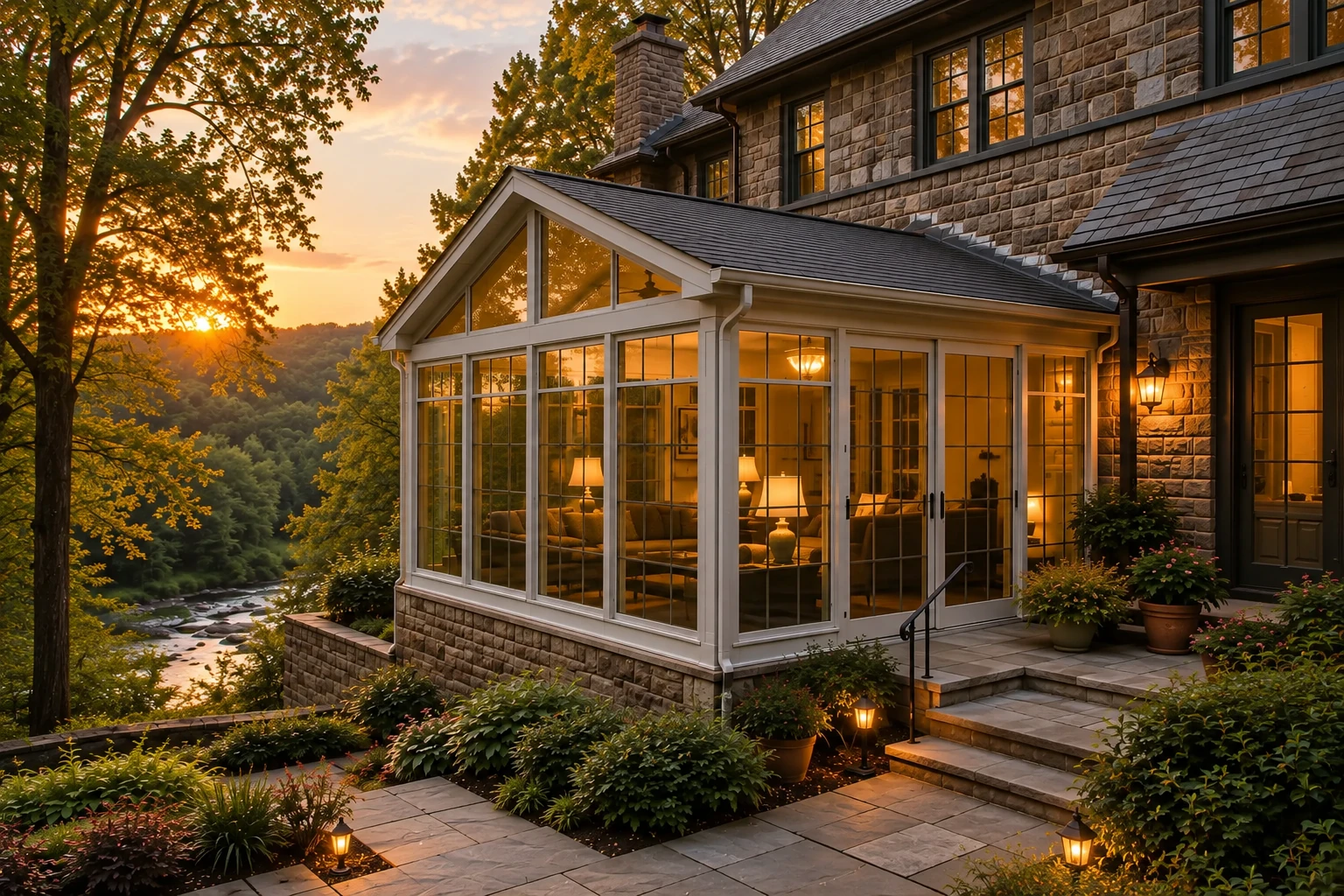 A gabled glass sunroom glows at sunset beside a stone house, with trees and a stream in the background.