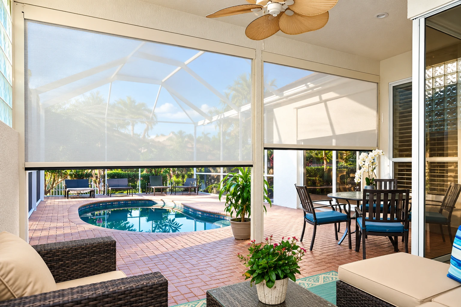 A screened patio enclosure opens onto a pool, with roller shades, outdoor seating and a ceiling fan.