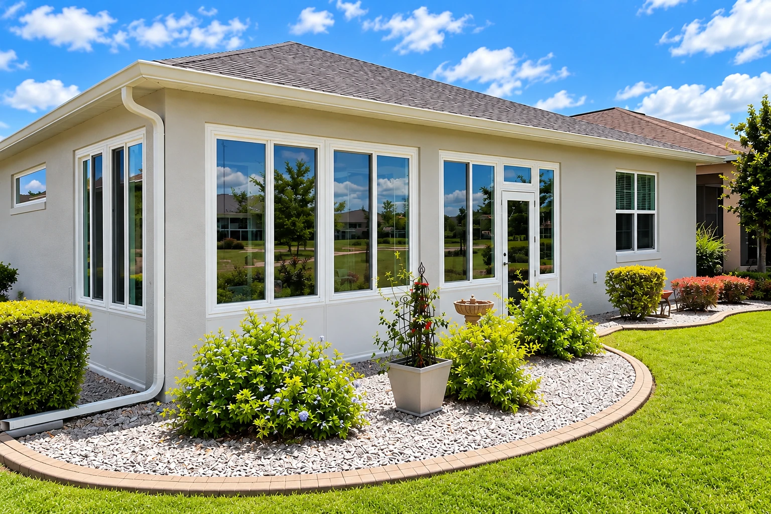 Three-season sunroom addition with tall white-framed windows on a light-colored house, surrounded by lawn and shrubs.