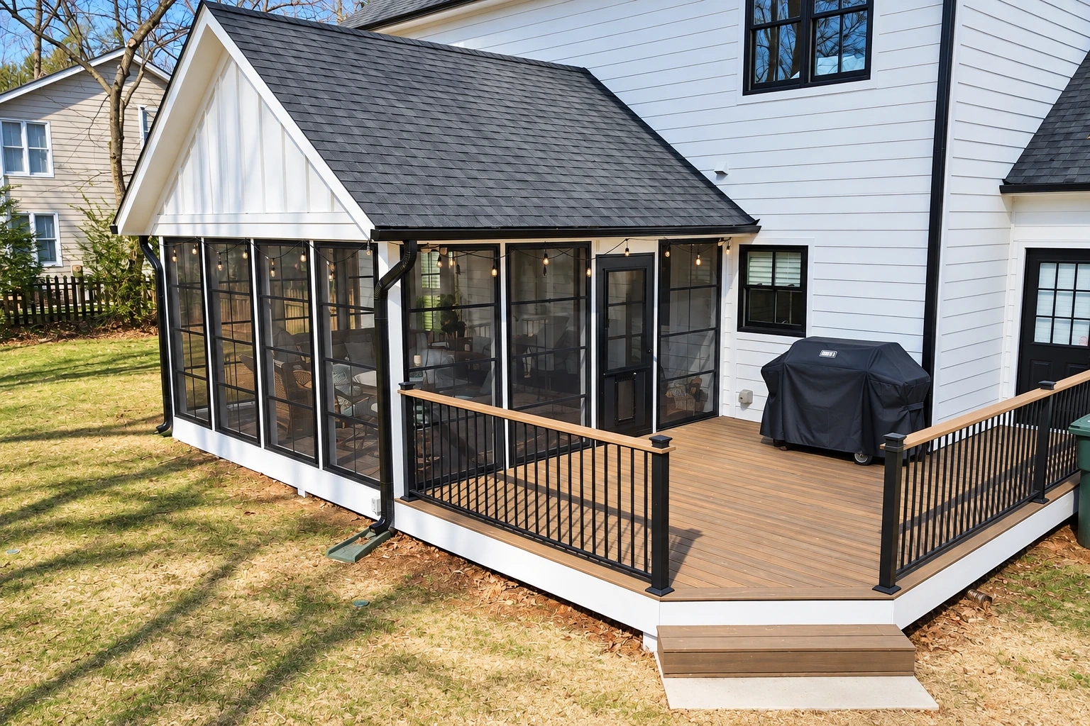 A white house with a screened three-season room and adjoining wood deck with black railings.