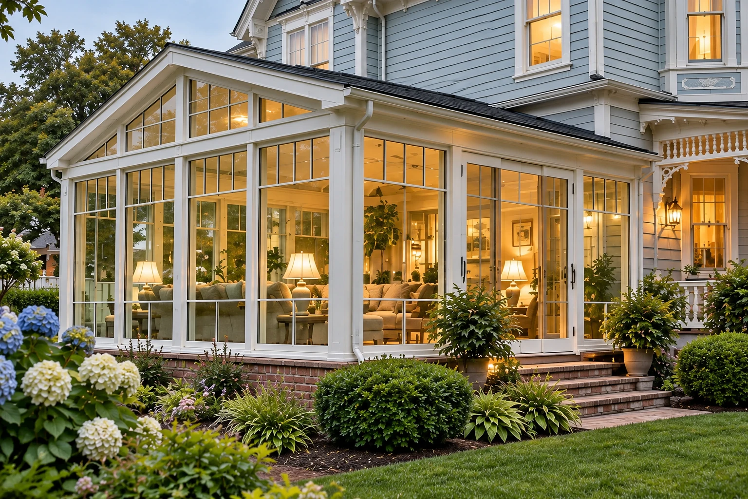 A white-framed glass sunroom addition glows beside a blue-sided house, with brick steps and flowering garden beds.